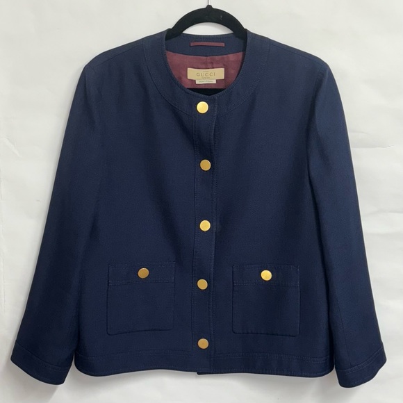 Gucci Uniform Linen Blend Blazer Jacket with Brass Buttons Navy Blue Size EU 44 - Picture 8 of 16